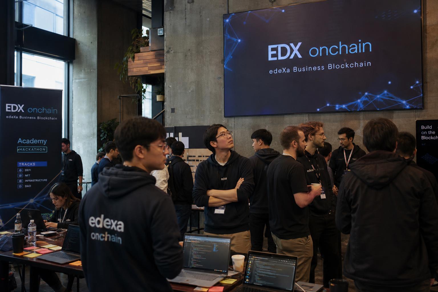Developers and students at an edeXa academy hackathon, EDX onchain wall display