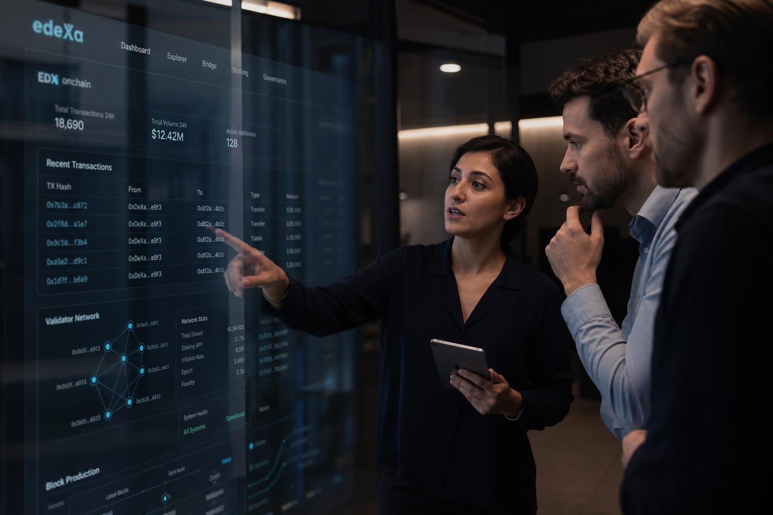 Enterprise leadership team reviewing edeXa blockchain governance in a boardroom