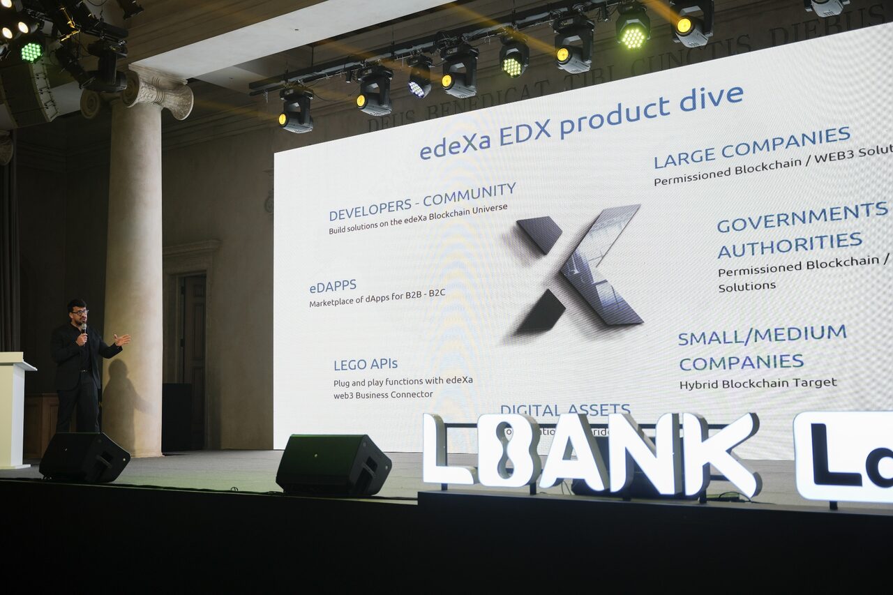 edeXa EDX product dive keynote on stage at LBank Labs event