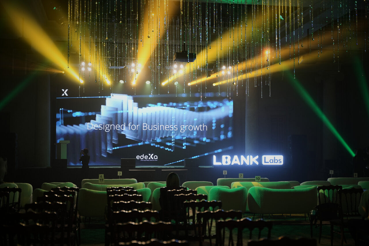 edeXa 'Designed for Business growth' main stage visual at LBank Labs